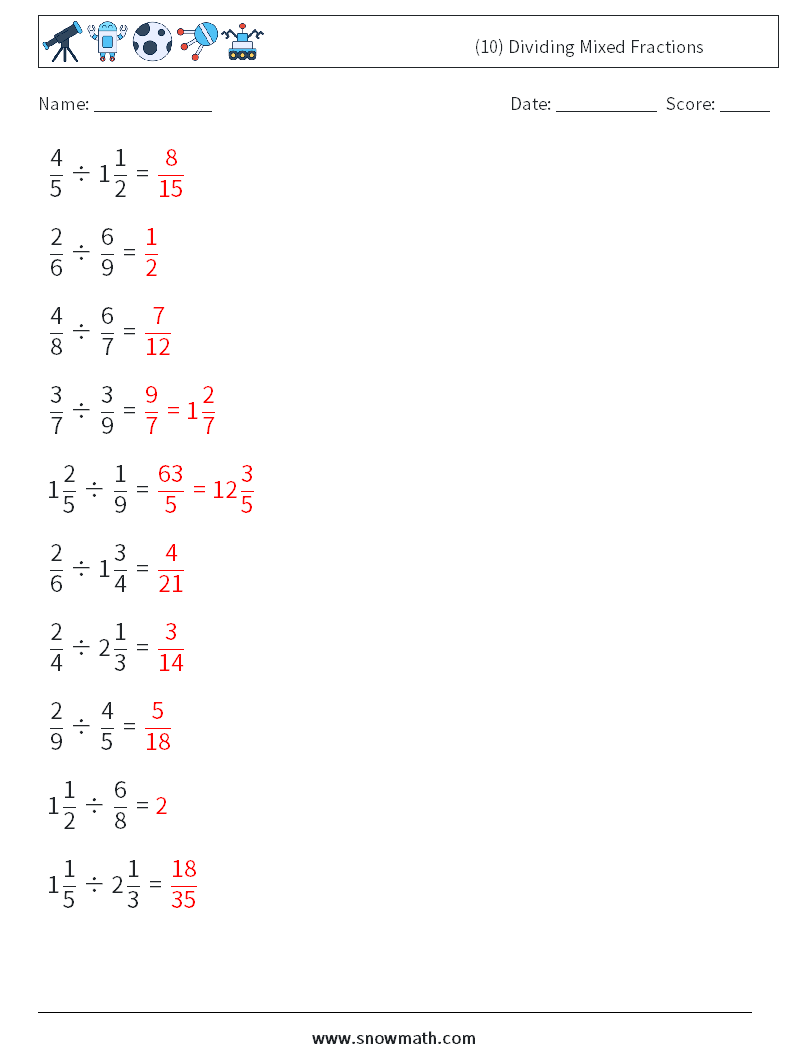 (10) Dividing Mixed Fractions Maths Worksheets 3 Question, Answer