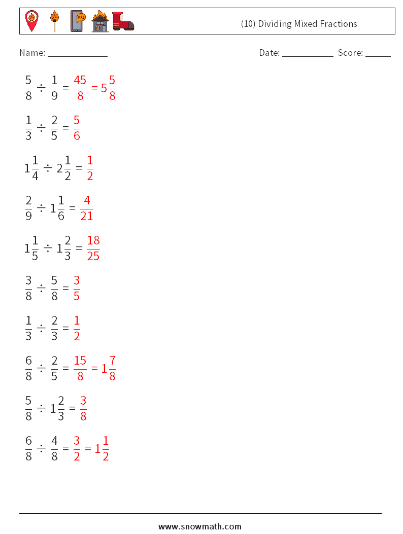 (10) Dividing Mixed Fractions Maths Worksheets 4 Question, Answer