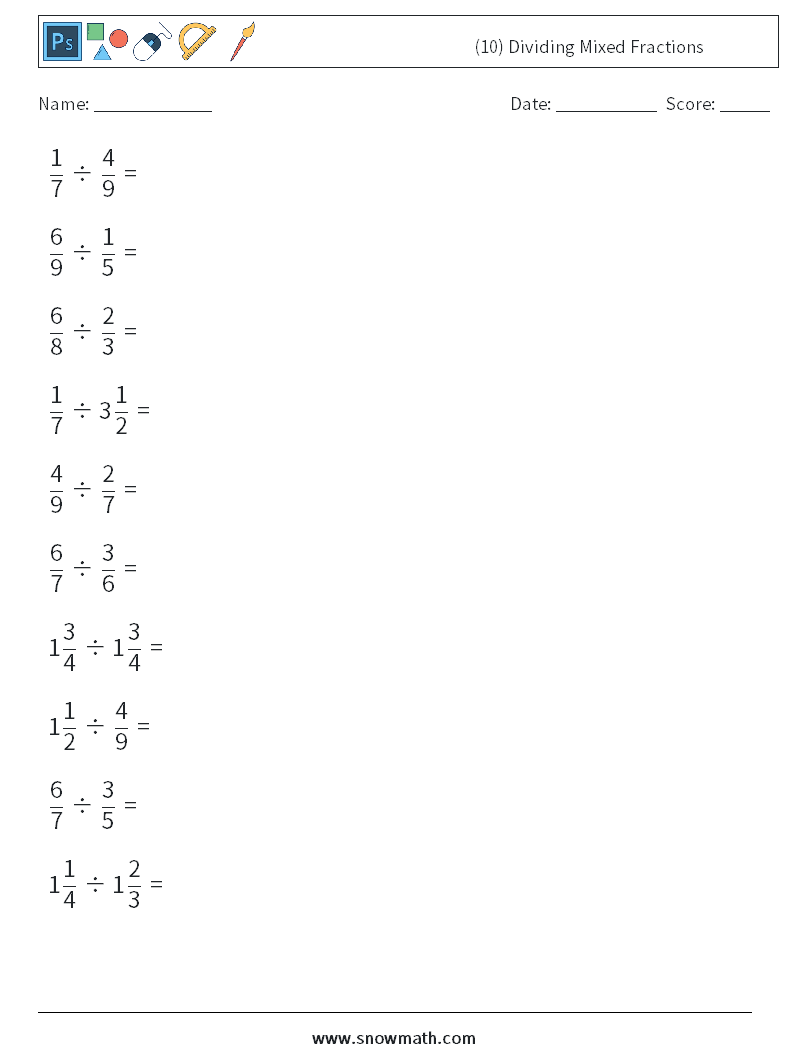 (10) Dividing Mixed Fractions Maths Worksheets 5
