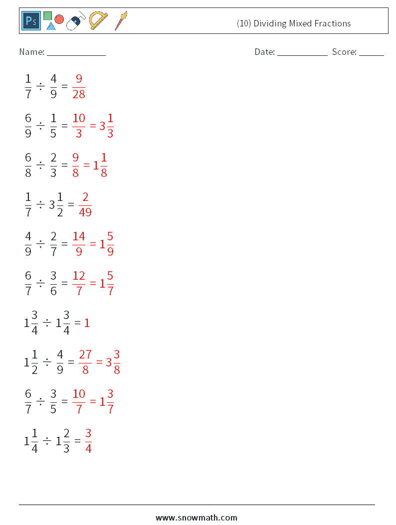 (10) Dividing Mixed Fractions Maths Worksheets 5 Question, Answer