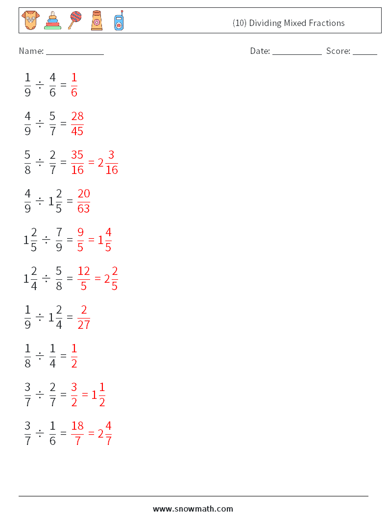 (10) Dividing Mixed Fractions Maths Worksheets 6 Question, Answer