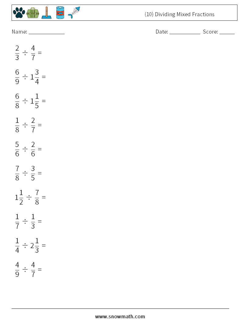 (10) Dividing Mixed Fractions Maths Worksheets 7