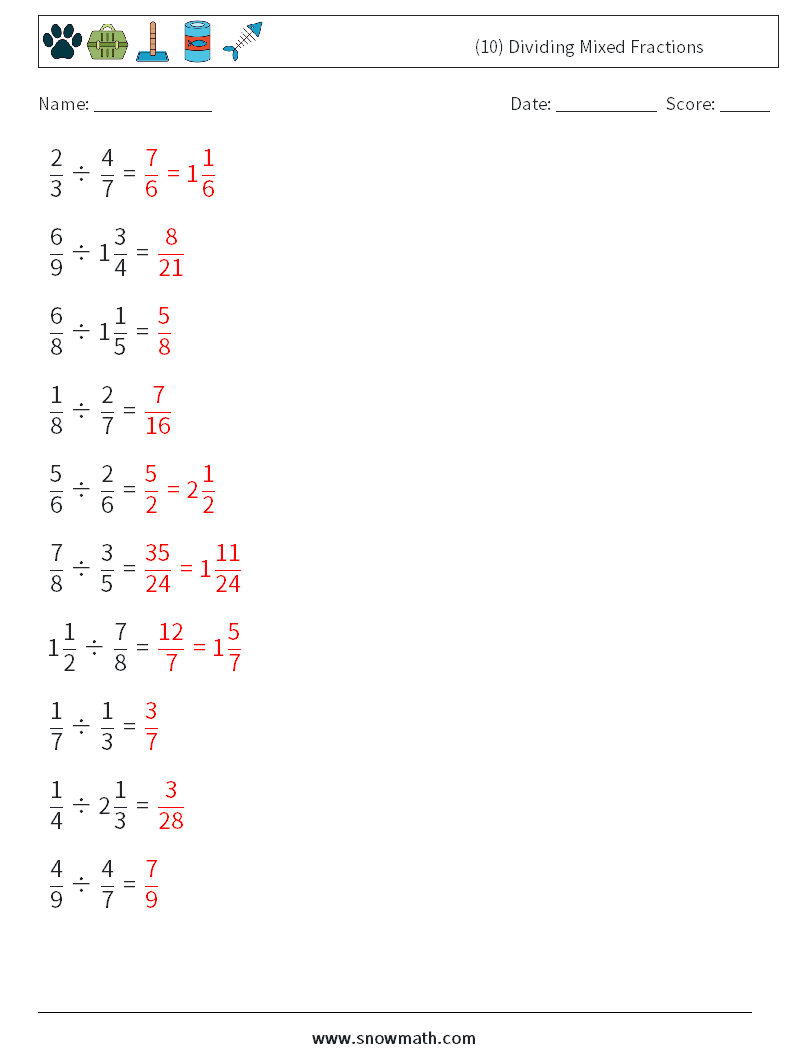 (10) Dividing Mixed Fractions Maths Worksheets 7 Question, Answer