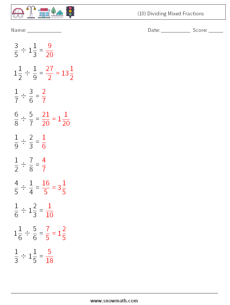 (10) Dividing Mixed Fractions Maths Worksheets 8 Question, Answer