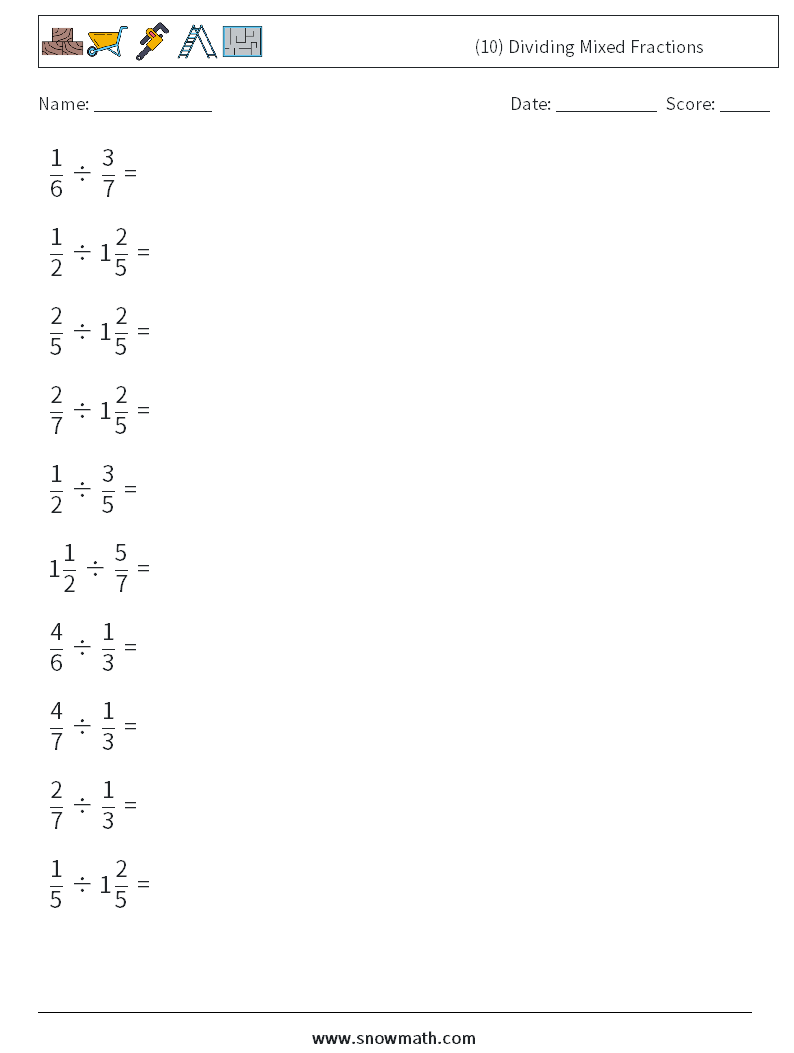(10) Dividing Mixed Fractions Maths Worksheets 9