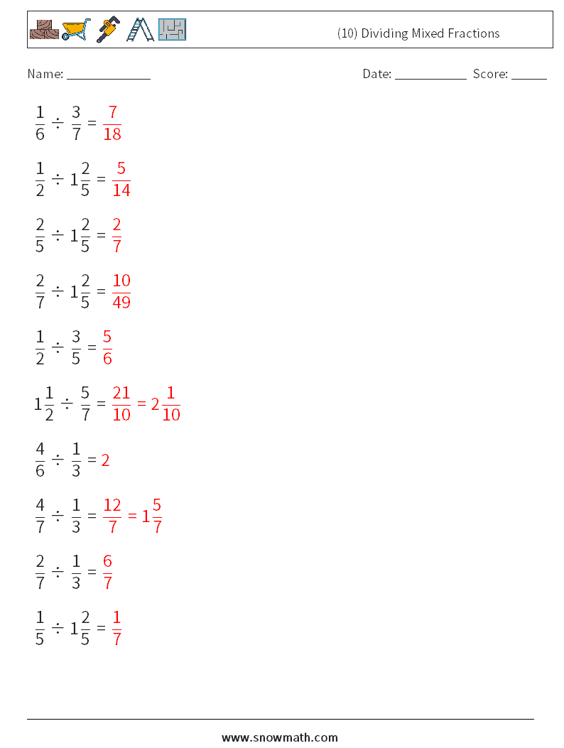 (10) Dividing Mixed Fractions Maths Worksheets 9 Question, Answer