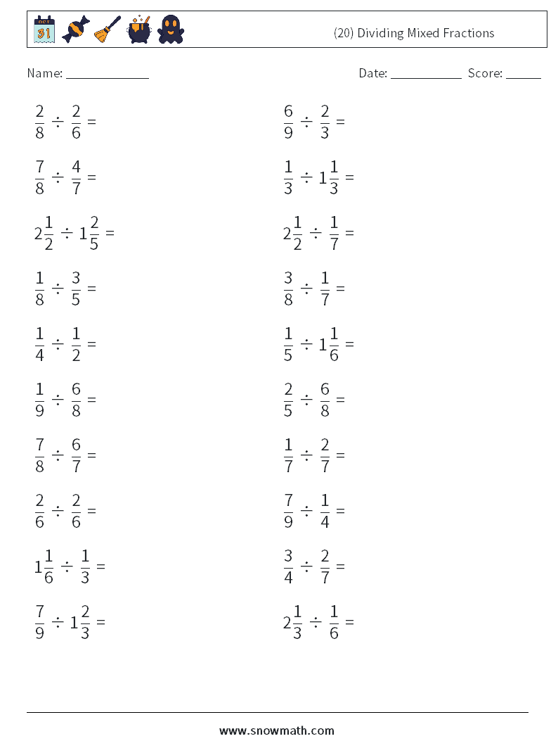 (20) Dividing Mixed Fractions Maths Worksheets 7