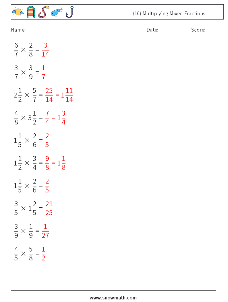 (10) Multiplying Mixed Fractions Maths Worksheets 1 Question, Answer