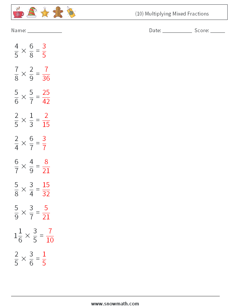 (10) Multiplying Mixed Fractions Maths Worksheets 2 Question, Answer