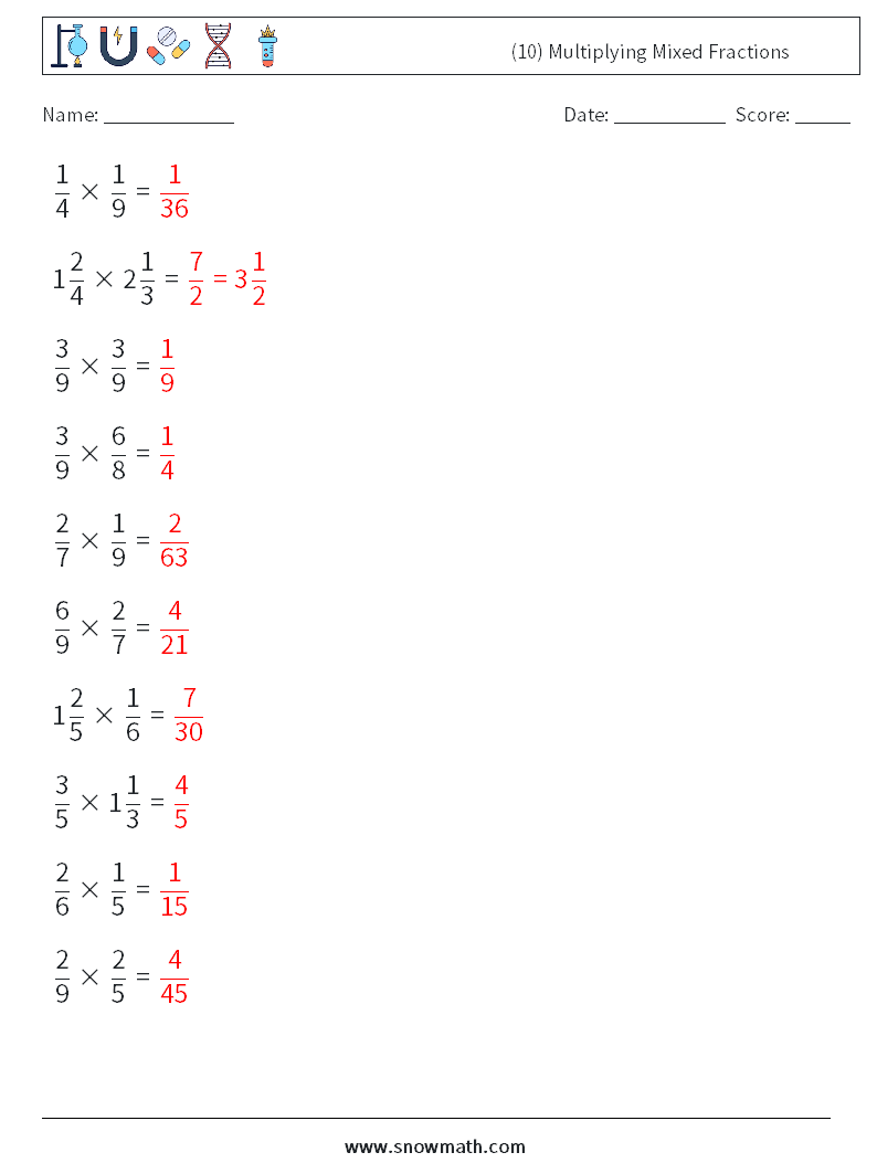 (10) Multiplying Mixed Fractions Maths Worksheets 3 Question, Answer