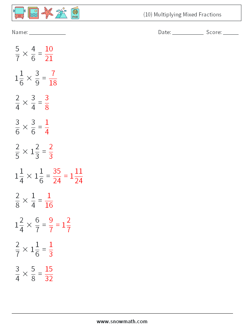 (10) Multiplying Mixed Fractions Maths Worksheets 5 Question, Answer