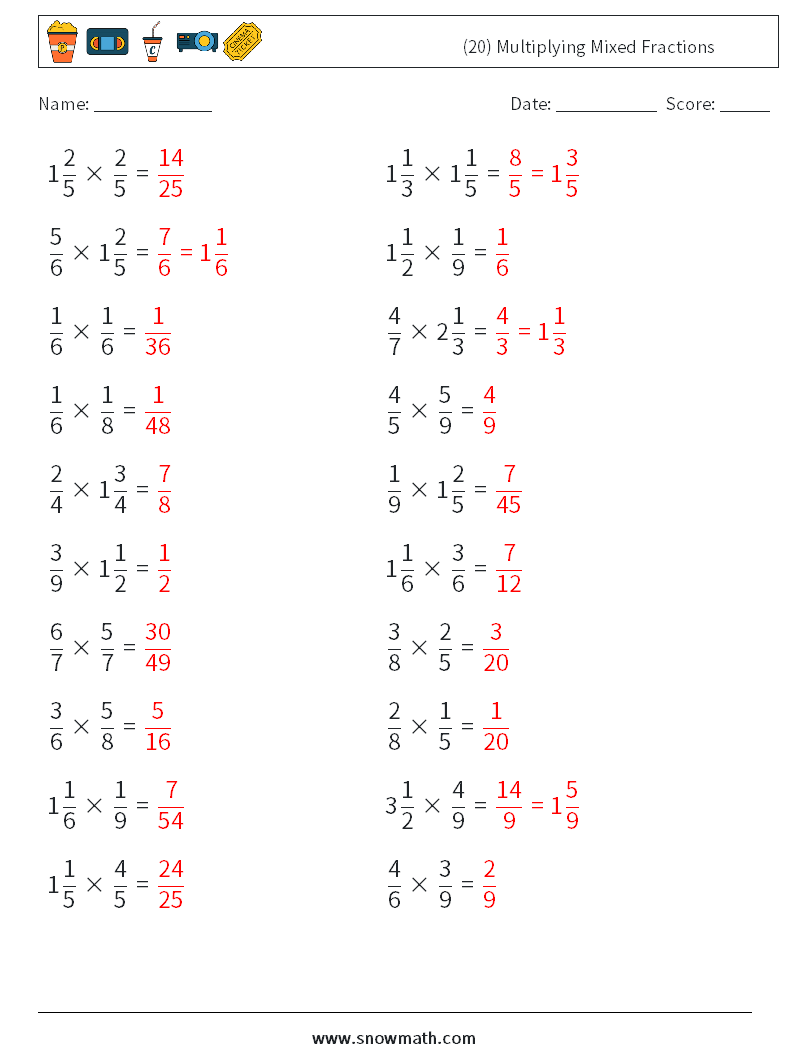 (20) Multiplying Mixed Fractions Maths Worksheets 10 Question, Answer