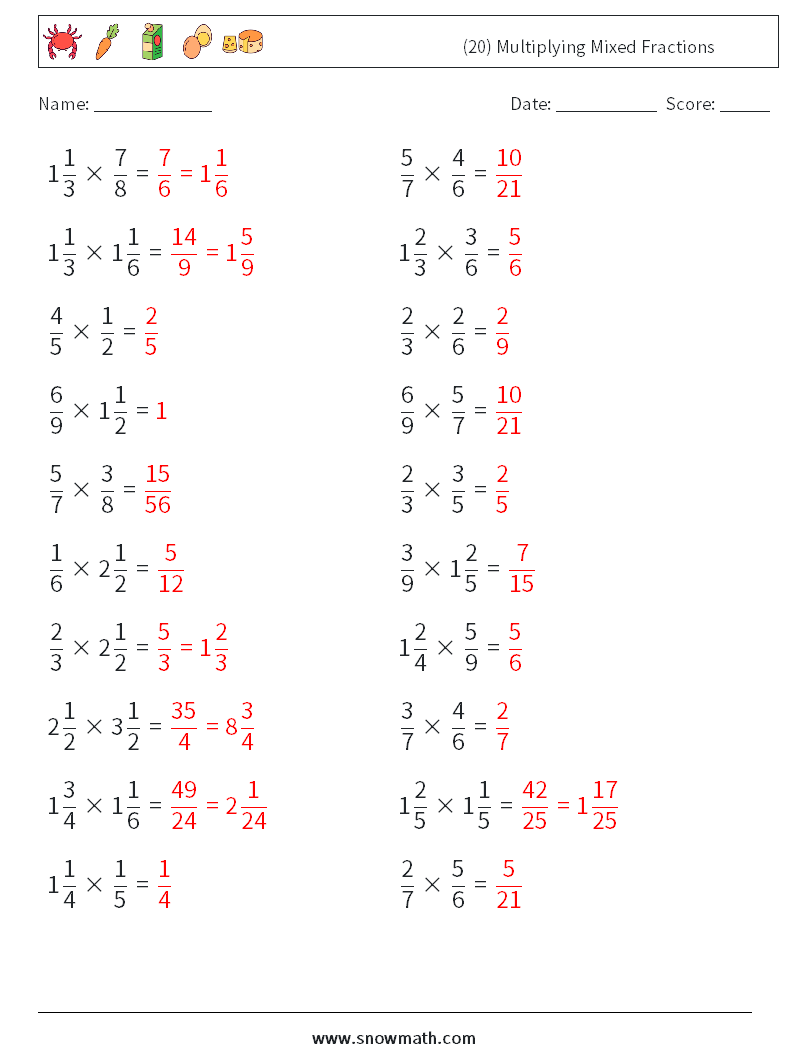 (20) Multiplying Mixed Fractions Maths Worksheets 12 Question, Answer