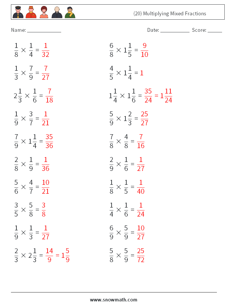 (20) Multiplying Mixed Fractions Maths Worksheets 13 Question, Answer