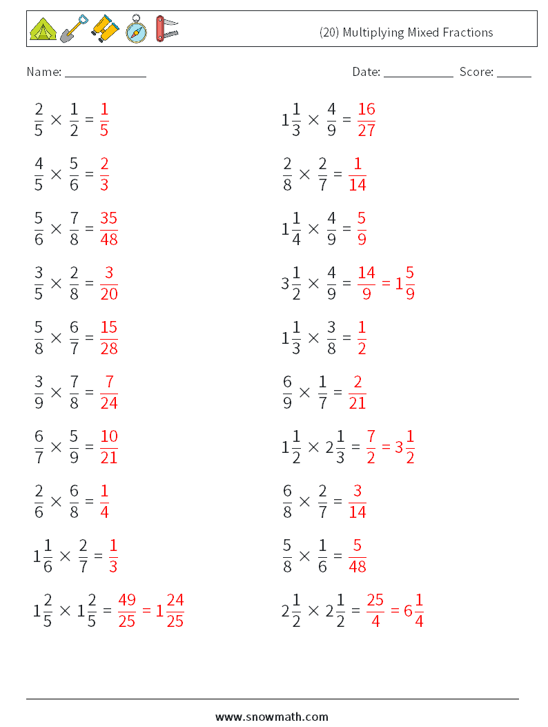 (20) Multiplying Mixed Fractions Maths Worksheets 14 Question, Answer