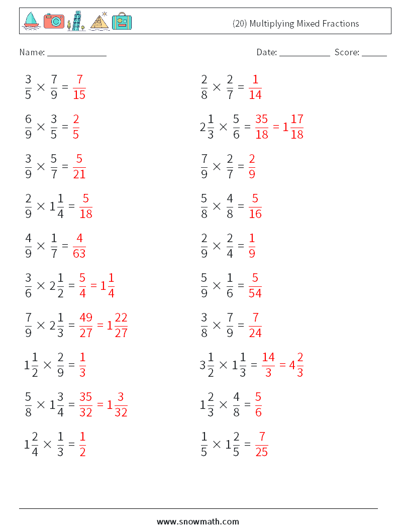 (20) Multiplying Mixed Fractions Maths Worksheets 16 Question, Answer