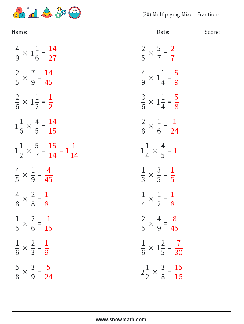 (20) Multiplying Mixed Fractions Maths Worksheets 17 Question, Answer
