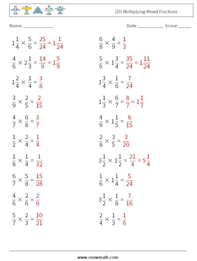 (20) Multiplying Mixed Fractions Maths Worksheets 18 Question, Answer