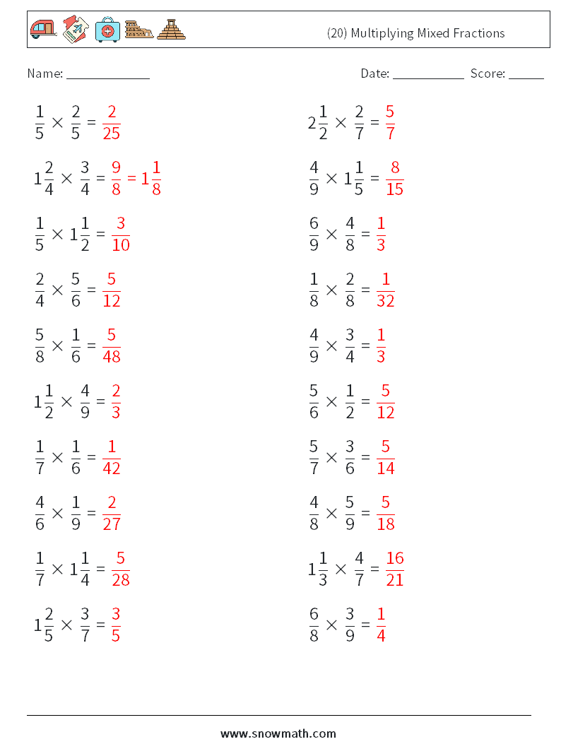 (20) Multiplying Mixed Fractions Maths Worksheets 1 Question, Answer