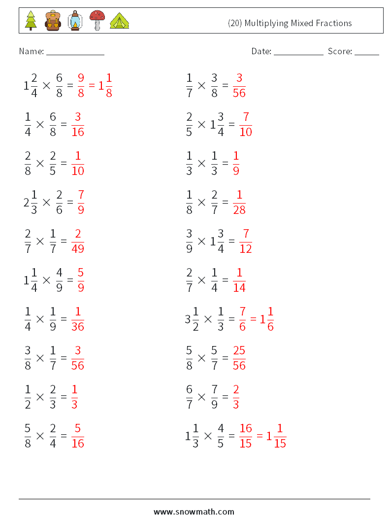 (20) Multiplying Mixed Fractions Maths Worksheets 3 Question, Answer