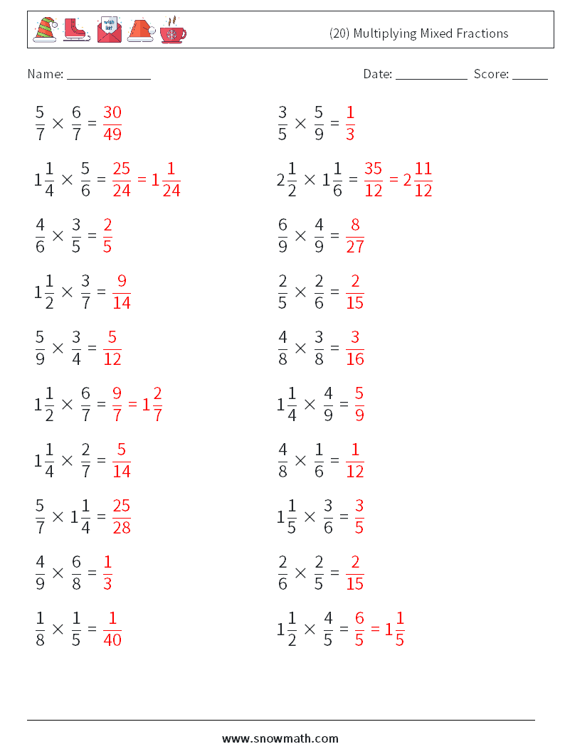 (20) Multiplying Mixed Fractions Maths Worksheets 5 Question, Answer
