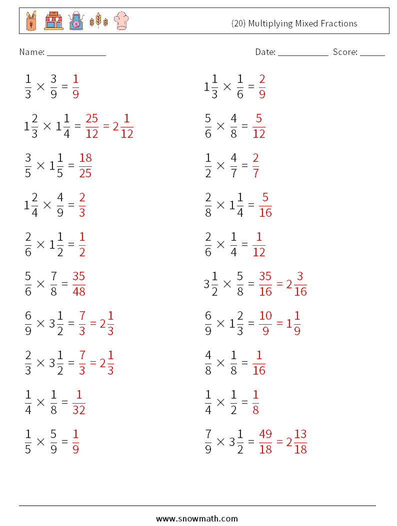 (20) Multiplying Mixed Fractions Maths Worksheets 7 Question, Answer