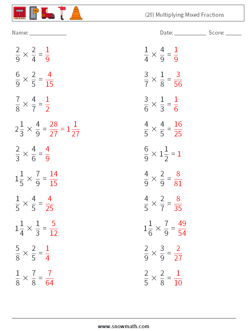 (20) Multiplying Mixed Fractions Maths Worksheets 8 Question, Answer