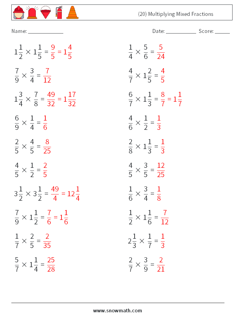 (20) Multiplying Mixed Fractions Maths Worksheets 9 Question, Answer