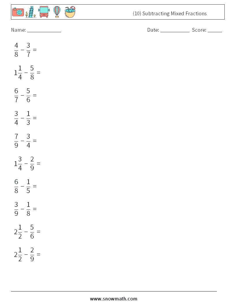 (10) Subtracting Mixed Fractions Maths Worksheets 14