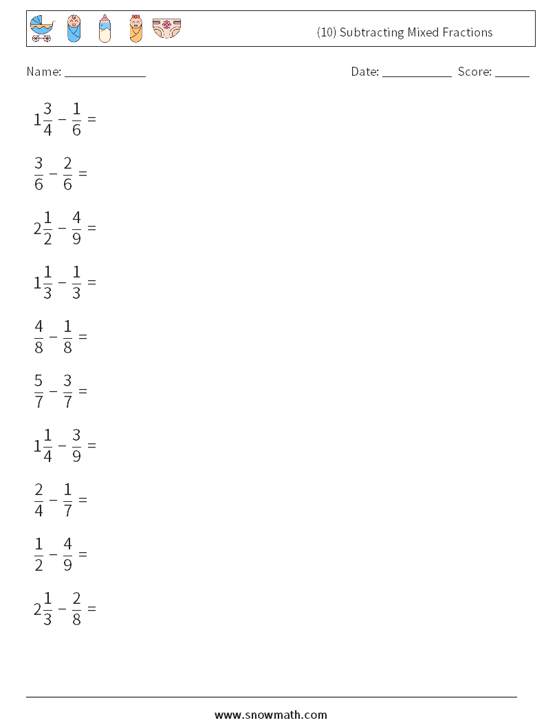 (10) Subtracting Mixed Fractions Maths Worksheets 15