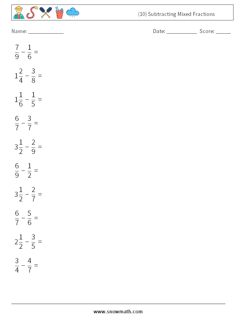 (10) Subtracting Mixed Fractions Maths Worksheets 17