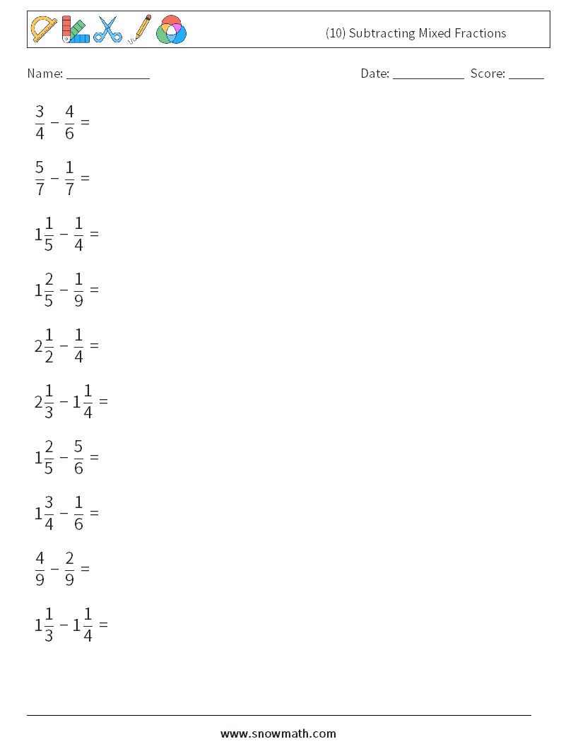 (10) Subtracting Mixed Fractions Maths Worksheets 18