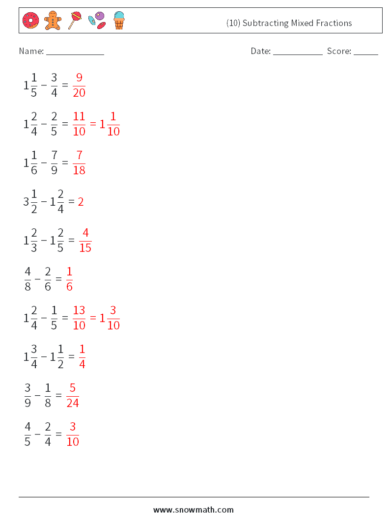 (10) Subtracting Mixed Fractions Maths Worksheets 1 Question, Answer