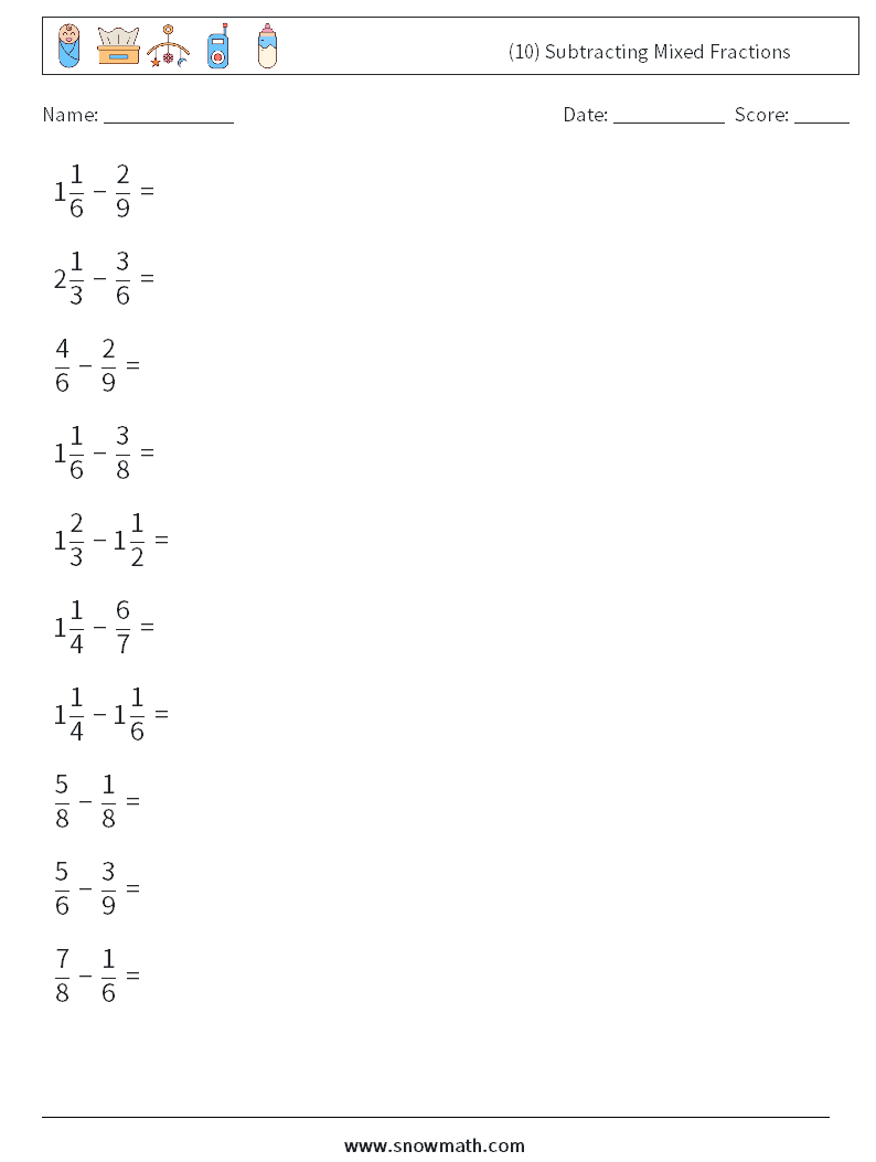 (10) Subtracting Mixed Fractions Maths Worksheets 2