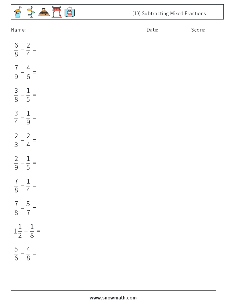 (10) Subtracting Mixed Fractions Maths Worksheets 4