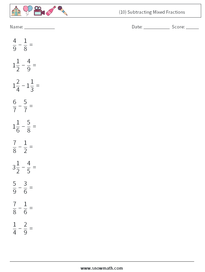 (10) Subtracting Mixed Fractions Maths Worksheets 8