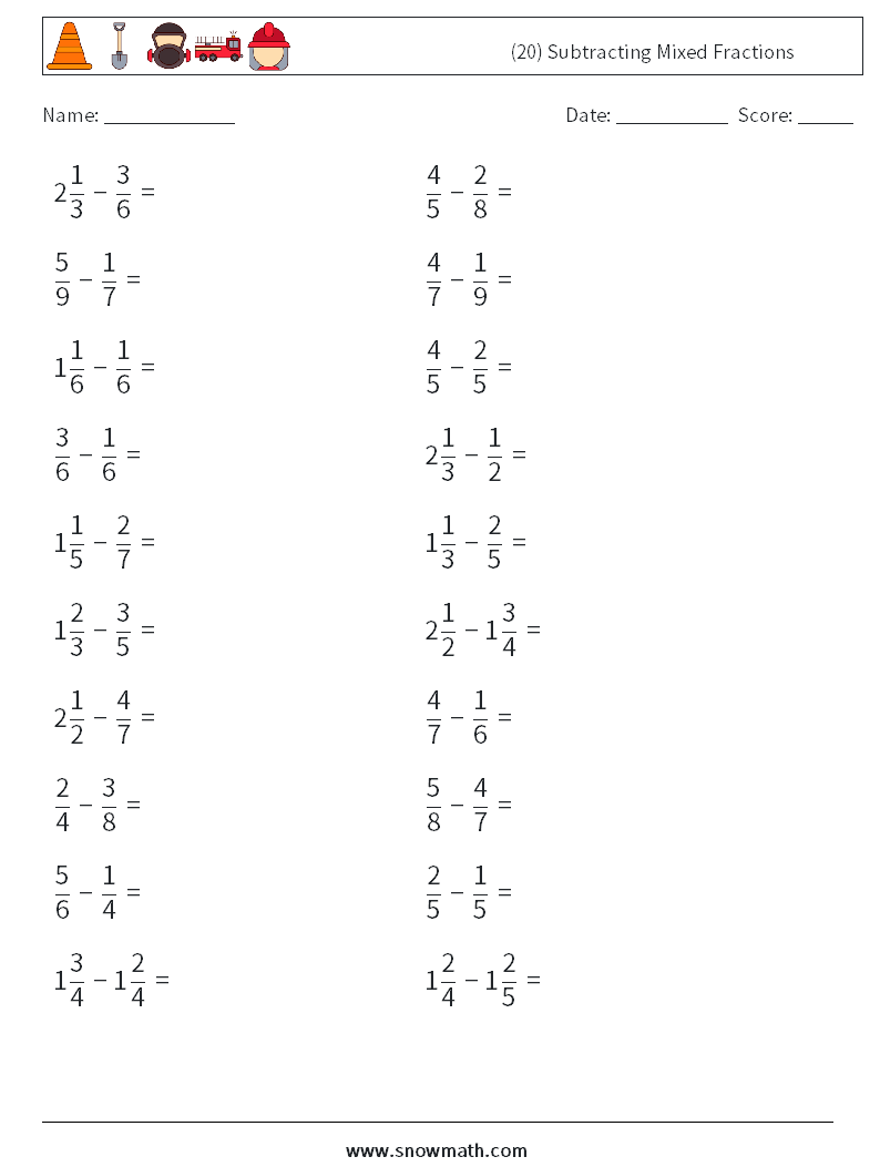 (20) Subtracting Mixed Fractions Maths Worksheets 1