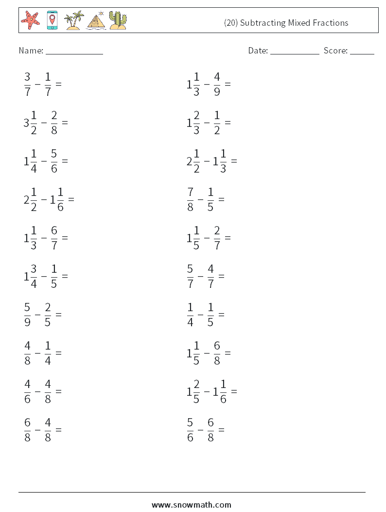 (20) Subtracting Mixed Fractions Maths Worksheets 10