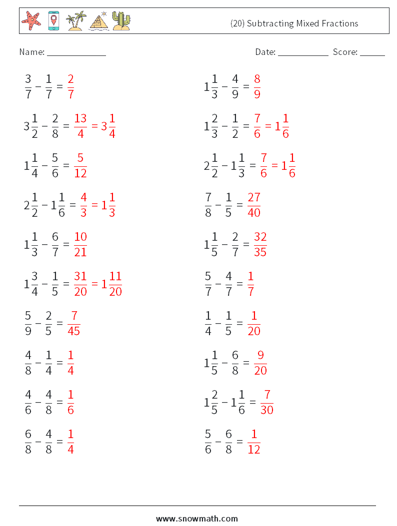 (20) Subtracting Mixed Fractions Maths Worksheets 10 Question, Answer
