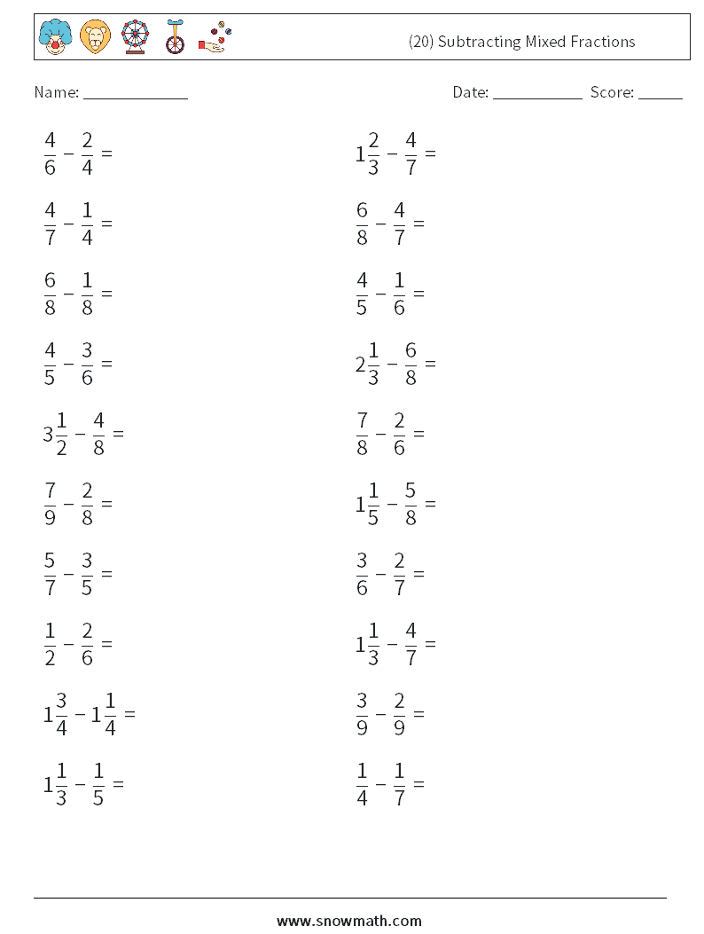 (20) Subtracting Mixed Fractions Maths Worksheets 11