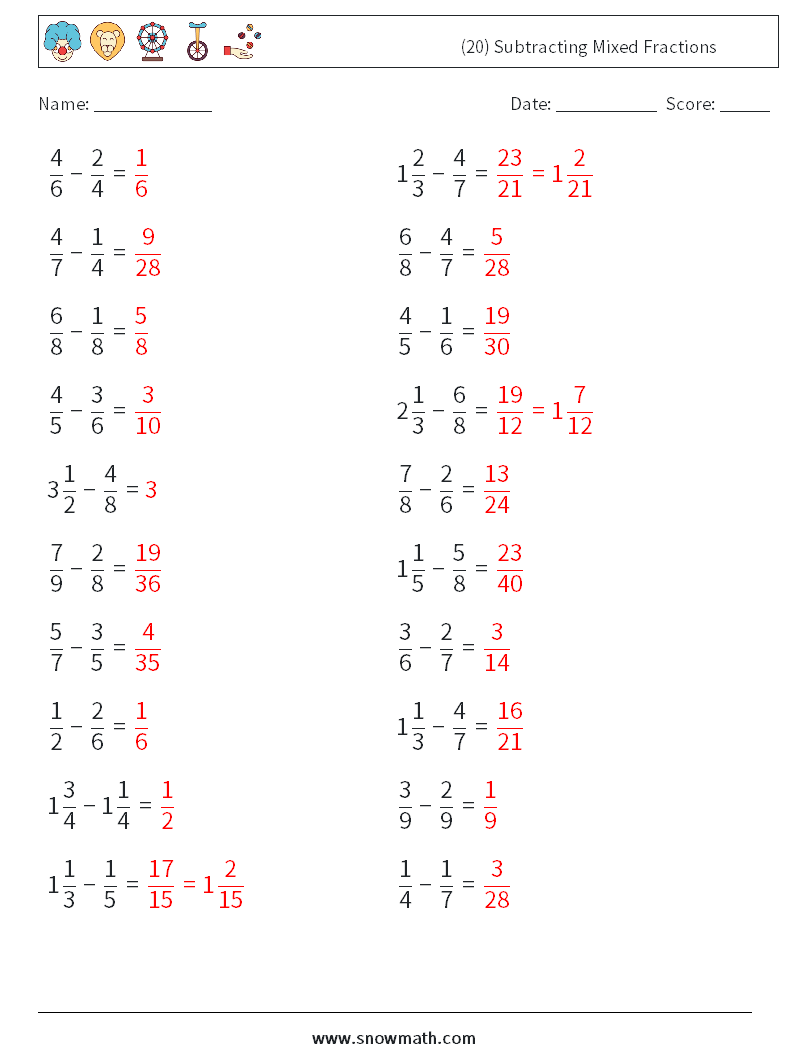 (20) Subtracting Mixed Fractions Maths Worksheets 11 Question, Answer