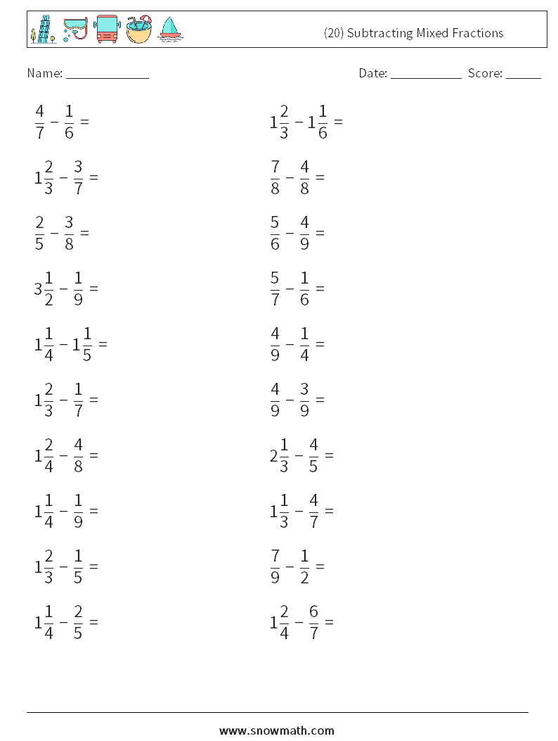 (20) Subtracting Mixed Fractions Maths Worksheets 12