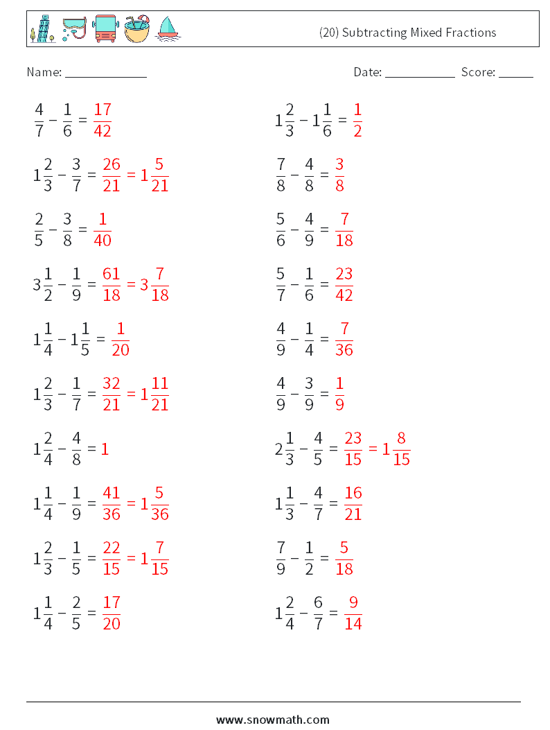 (20) Subtracting Mixed Fractions Maths Worksheets 12 Question, Answer