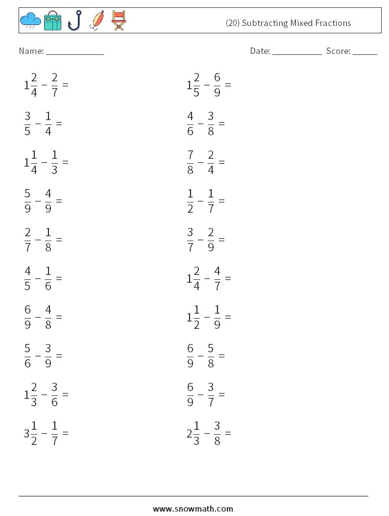 (20) Subtracting Mixed Fractions Maths Worksheets 13