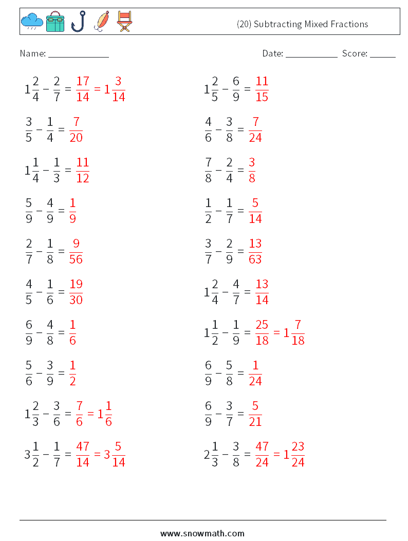 (20) Subtracting Mixed Fractions Maths Worksheets 13 Question, Answer