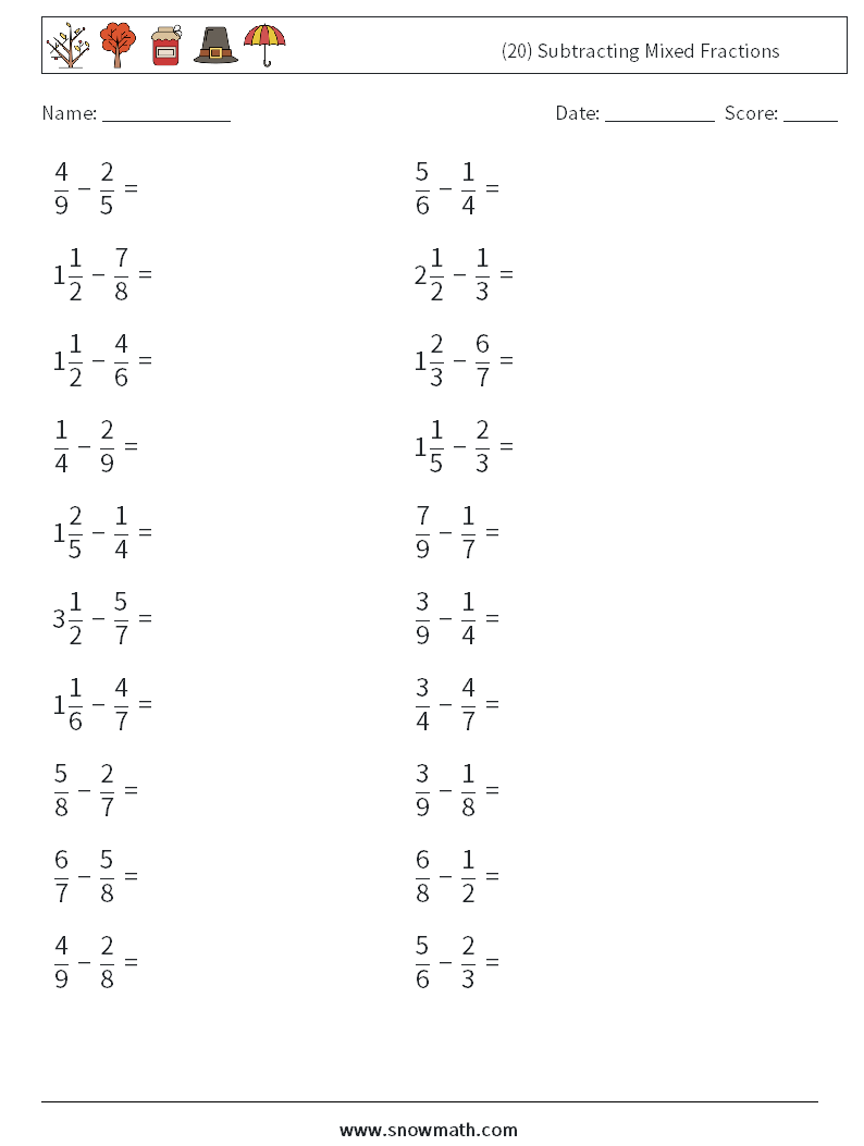 (20) Subtracting Mixed Fractions Maths Worksheets 14