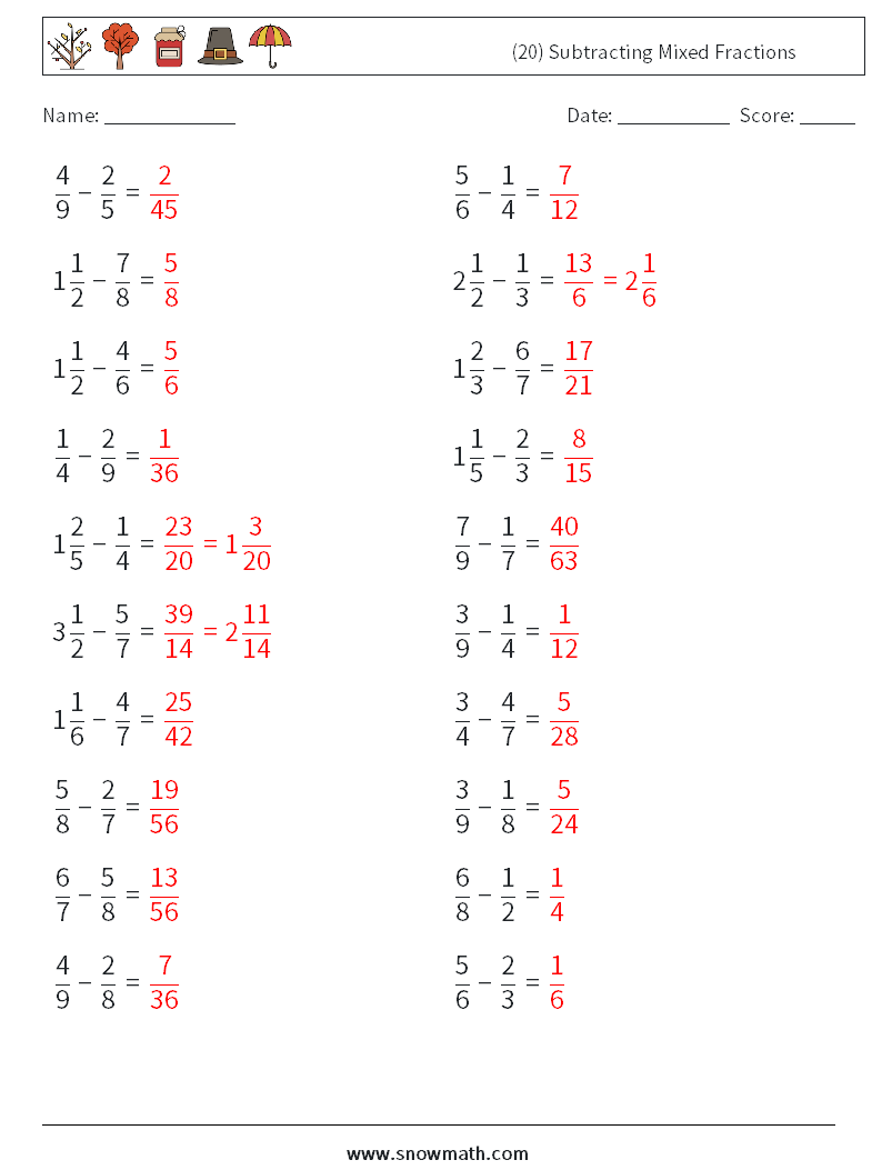 (20) Subtracting Mixed Fractions Maths Worksheets 14 Question, Answer