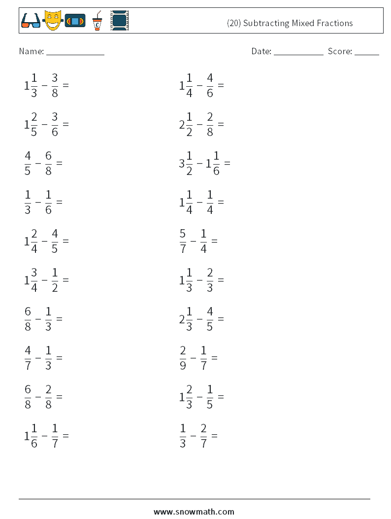 (20) Subtracting Mixed Fractions Maths Worksheets 15