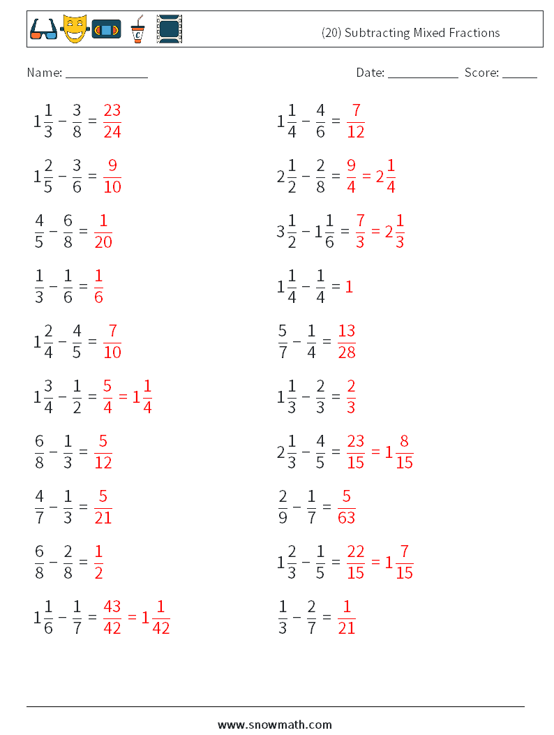 (20) Subtracting Mixed Fractions Maths Worksheets 15 Question, Answer