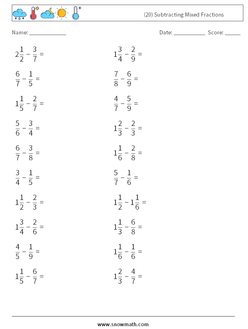 (20) Subtracting Mixed Fractions Maths Worksheets 16